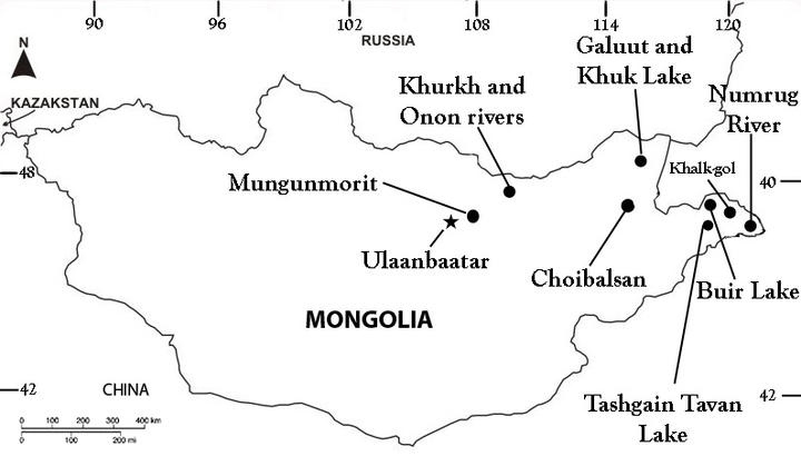 Map of collecting sites, Mongolia, 2012